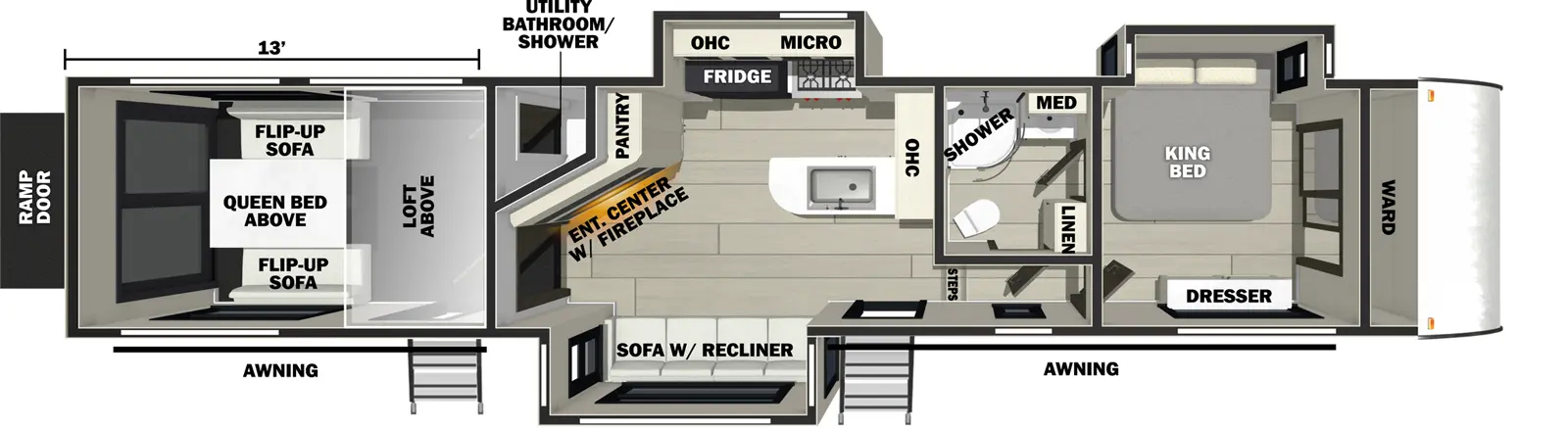 The 351G2 has three slideouts and two entries. Exterior features pass-through storage, rear ramp door, and 10 foot and 16 foot awnings. Interior layout front to back: front bedroom wardrobe, off-door side king bed slideout and door side dresser with TV hookup; off-door side full pass-through bathroom with medicine cabinet, linen closet and overhead cabinet; steps down to entry and main living area; peninsula kitchen counter with sink and overhead cabinet wraps to inner wall; off-door side slideout with cooktop, microwave, overhead cabinet, and refrigerator; door side sofa with recliners slideout; pantry, entertainment center with fireplace, and overhead cabinet along inner wall; rear garage with half bathroom, loft, TV prep above recessed washer/dryer prep, second entry, and opposing flip-up sofas with raised queen bed above.